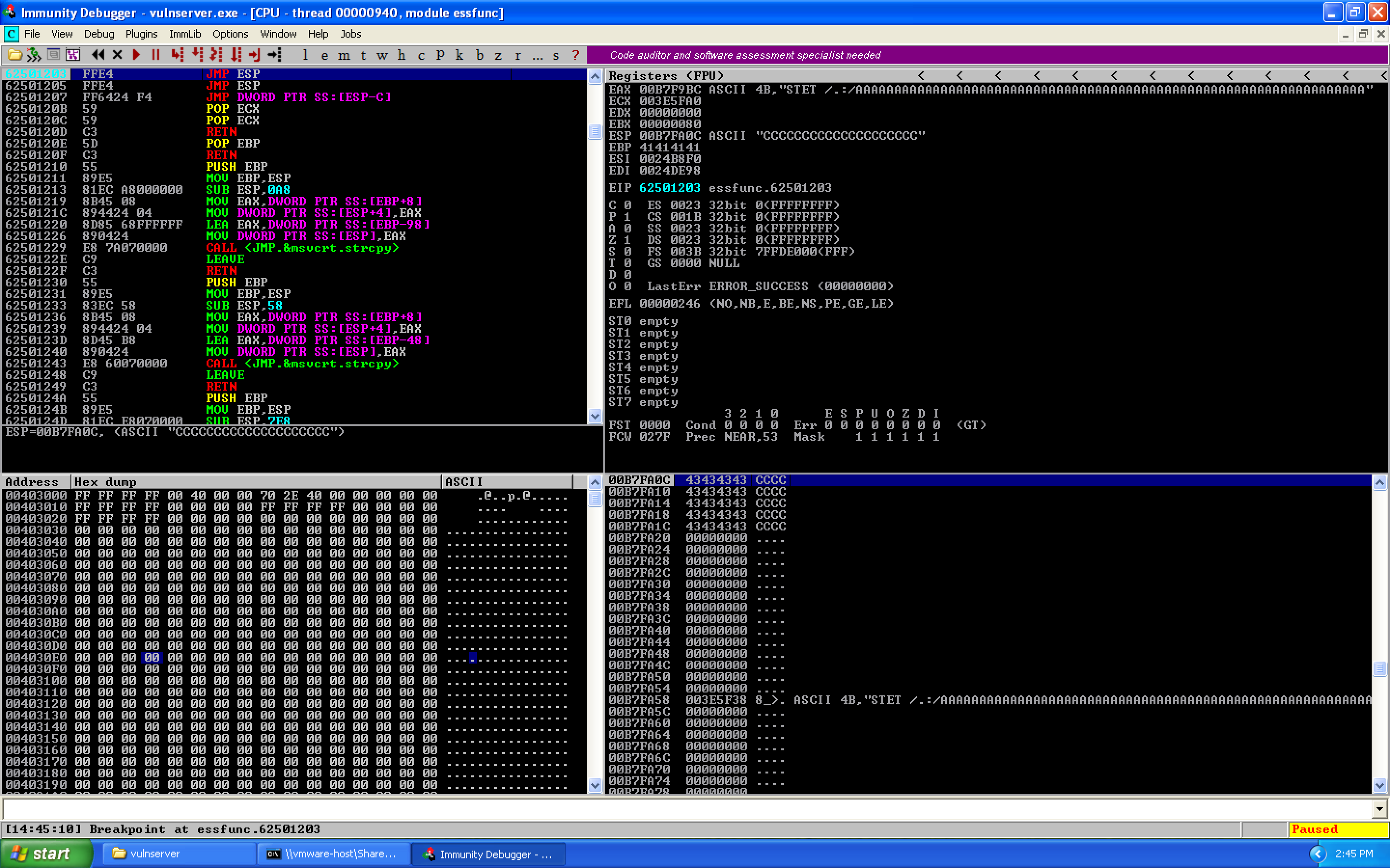 JMP ESP breakpoint hit