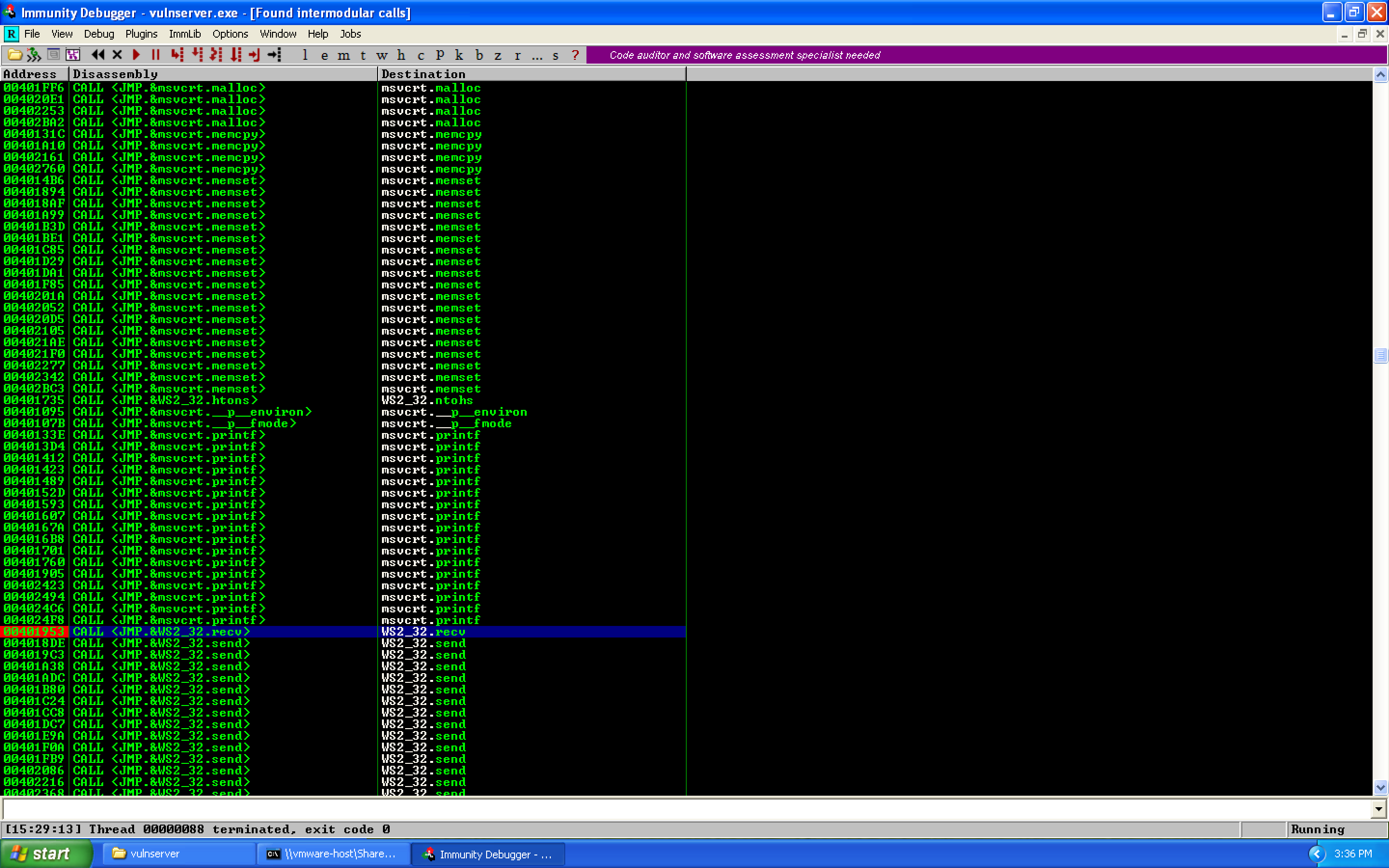 recv call highlighted with breakpoint